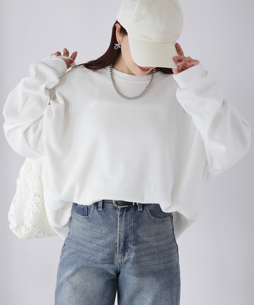 Riberry(リベリー)の「オーバーサイズワッフルプルオーバートップス(Tシャツ/カットソー・レディース・オフホワイト/杢グレー/チャコールグレー・FREE)」の13枚目の写真