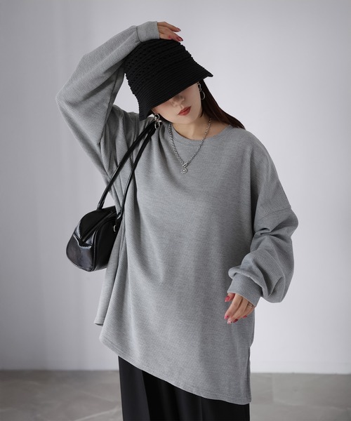 Riberry(リベリー)の「オーバーサイズワッフルプルオーバートップス(Tシャツ/カットソー・レディース・オフホワイト/杢グレー/チャコールグレー・FREE)」の8枚目の写真