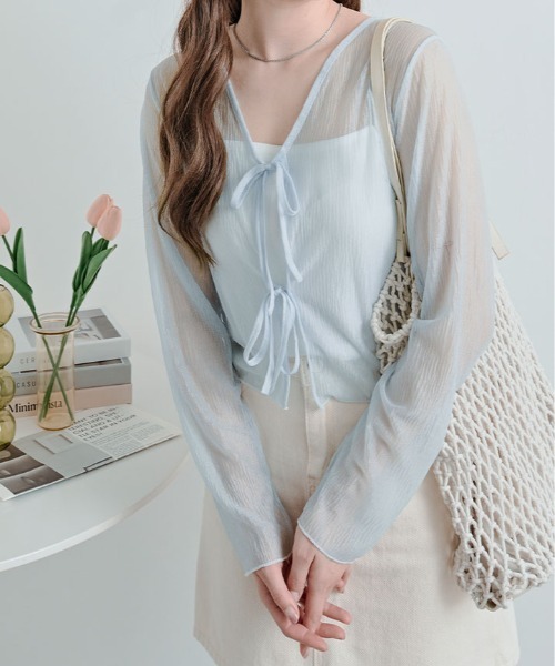 kirakiraShop(キラキラショップ)の「シアー リボン ショート カーディガン(カーディガン/ボレロ・レディース・ブラック/ブルー/ホワイト/イエロー・FREE)」の3枚目の写真