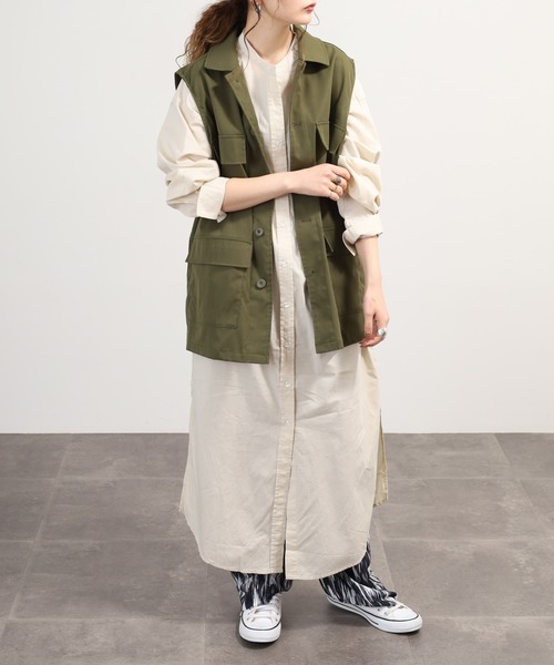 OMNES（オムネス）の「製品洗いコットンブロード ロングシャツワンピース 長袖（シャツワンピース・レディース・ベージュ/ホワイト・FREE）」の2枚目の写真