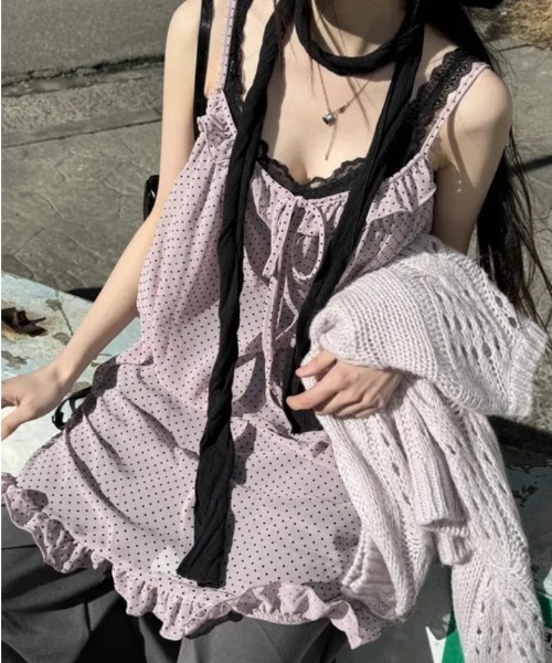 Teem Store(チームストア)の「ドットフリルシアーキャミワンピース レイヤード着 フリルベスト(ワンピース・レディース・グレー/ピンク・F)」の13枚目の写真