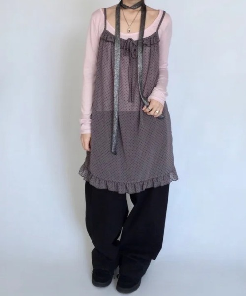 Teem Store(チームストア)の「ドットフリルシアーキャミワンピース レイヤード着 フリルベスト(ワンピース・レディース・グレー/ピンク・F)」の6枚目の写真