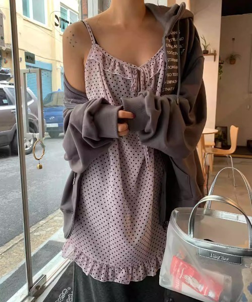 Teem Store(チームストア)の「ドットフリルシアーキャミワンピース レイヤード着 フリルベスト(ワンピース・レディース・グレー/ピンク・F)」の11枚目の写真