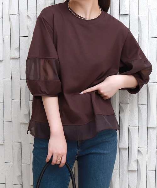 libelle more（リベル モア）の「オーガンジー切り替えパフスリーブプルオーバー（Tシャツ/カットソー・レディース・ラベンダー/オフホワイト/ブラック/グレイッシュベージュ/チャコールグレー/グリーン/ボルドー/ブラウン・L/M）」の8枚目の写真