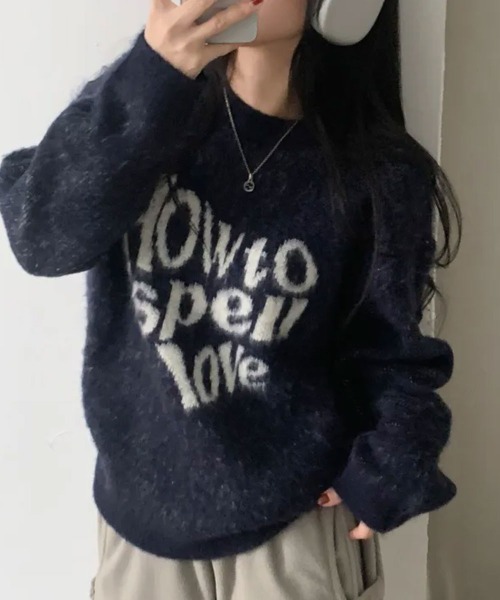 Emilie(エミリー)の「クルーネック カジュアルニットトップス(ニット/セーター・レディース・ネイビー/チャコールグレー/ライトグリーン/ピンク・FREE)」の4枚目の写真
