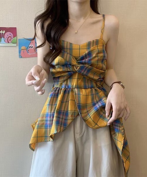 Alvia(アルビア)の「リボン風チェックキャミソール(キャミソール・レディース・イエロー・M)」の7枚目の写真