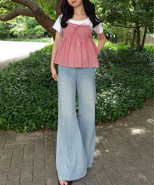 unnu(ユヌ)の「ギンガムチェックギャザーキャミトップス(シャツ/ブラウス・レディース・レッド/ブラック・F)」の7枚目の写真