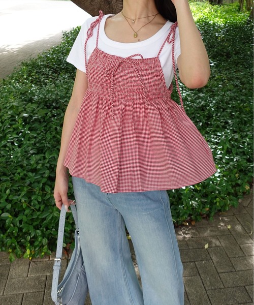 unnu(ユヌ)の「ギンガムチェックギャザーキャミトップス(シャツ/ブラウス・レディース・レッド/ブラック・F)」の8枚目の写真