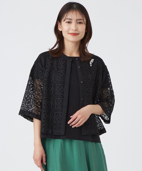 TRANS WORK(トランスワーク)の「【ウォッシャブル】クロッシュケミカルレースコンビブラウス(シャツ/ブラウス・レディース・ブラウン系その他5/ブラック/オフホワイト・38/40)」の1枚目の写真