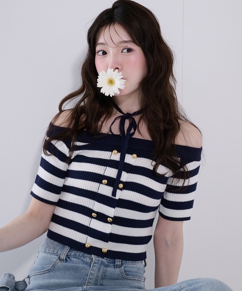 fupel(フぺル)の「2way border knit tops / 2wayボーダーニットトップス(ニット/セーター・レディース・ネイビー/グレイッシュベージュ・FREE)」の1枚目の写真
