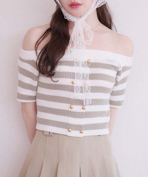 fupel(フぺル)の「2way border knit tops / 2wayボーダーニットトップス(ニット/セーター・レディース・ネイビー/グレイッシュベージュ・FREE)」の2枚目の写真