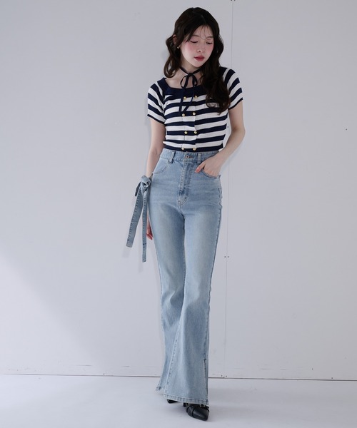 fupel(フぺル)の「2way border knit tops / 2wayボーダーニットトップス(ニット/セーター・レディース・ネイビー/グレイッシュベージュ・FREE)」の5枚目の写真