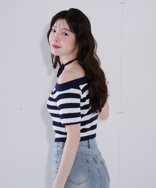 fupel(フぺル)の「2way border knit tops / 2wayボーダーニットトップス(ニット/セーター・レディース・ネイビー/グレイッシュベージュ・FREE)」の13枚目の写真
