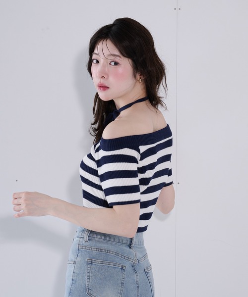 fupel(フぺル)の「2way border knit tops / 2wayボーダーニットトップス(ニット/セーター・レディース・ネイビー/グレイッシュベージュ・FREE)」の14枚目の写真
