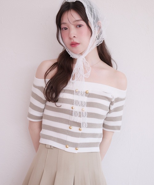 fupel(フぺル)の「2way border knit tops / 2wayボーダーニットトップス(ニット/セーター・レディース・ネイビー/グレイッシュベージュ・FREE)」の3枚目の写真