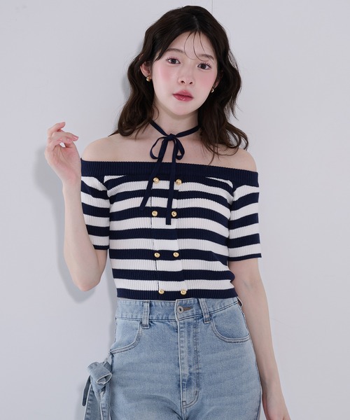 fupel(フぺル)の「2way border knit tops / 2wayボーダーニットトップス(ニット/セーター・レディース・ネイビー/グレイッシュベージュ・FREE)」の11枚目の写真