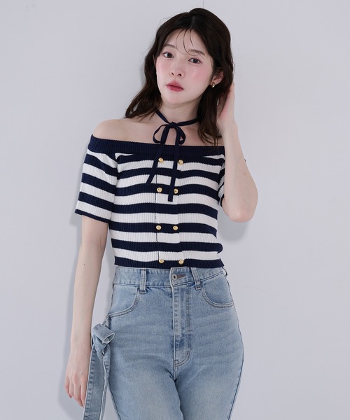 fupel(フぺル)の「2way border knit tops / 2wayボーダーニットトップス(ニット/セーター・レディース・ネイビー/グレイッシュベージュ・FREE)」の12枚目の写真