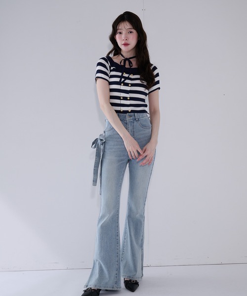 fupel(フぺル)の「2way border knit tops / 2wayボーダーニットトップス(ニット/セーター・レディース・ネイビー/グレイッシュベージュ・FREE)」の3枚目の写真