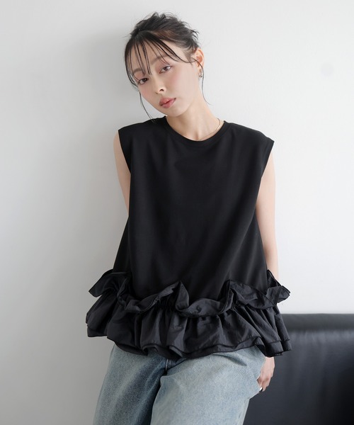 LIAN（リアン）の「フリルヘムドッキングトップス（Tシャツ/カットソー・レディース・ブラック/オフホワイト/チャコールグレー・FREE）」の2枚目の写真