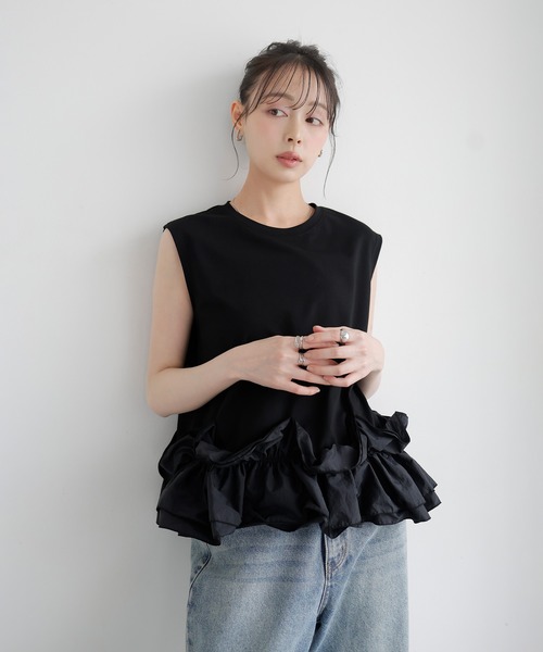 LIAN（リアン）の「フリルヘムドッキングトップス（Tシャツ/カットソー・レディース・ブラック/オフホワイト/チャコールグレー・FREE）」の18枚目の写真