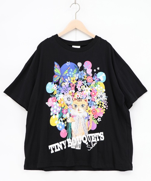 ScoLar(スカラー)の「162675:レースリボン付き 花ネコ柄Tシャツ(Tシャツ/カットソー・レディース・パープル/ブラック/オフホワイト・M)」の2枚目の写真