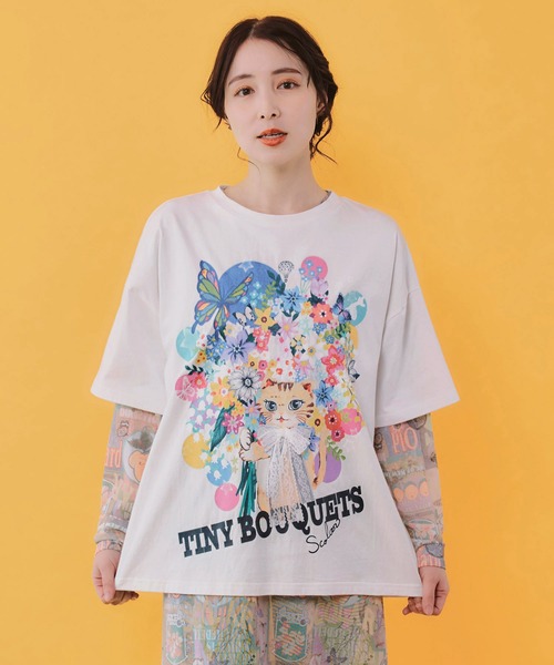 ScoLar(スカラー)の「162675:レースリボン付き 花ネコ柄Tシャツ(Tシャツ/カットソー・レディース・パープル/ブラック/オフホワイト・M)」の14枚目の写真