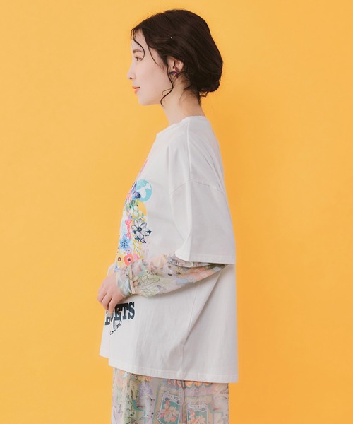 ScoLar(スカラー)の「162675:レースリボン付き 花ネコ柄Tシャツ(Tシャツ/カットソー・レディース・パープル/ブラック/オフホワイト・M)」の15枚目の写真