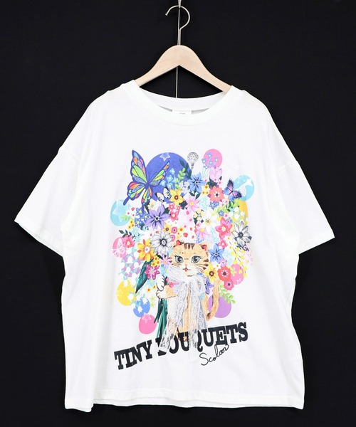 ScoLar(スカラー)の「162675:レースリボン付き 花ネコ柄Tシャツ(Tシャツ/カットソー・レディース・パープル/ブラック/オフホワイト・M)」の8枚目の写真