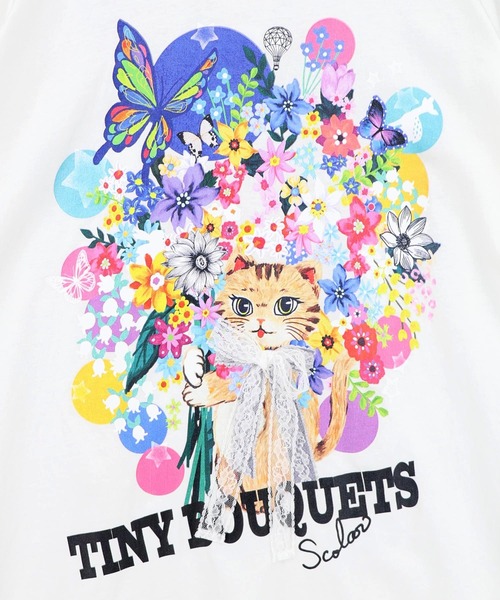 ScoLar(スカラー)の「162675:レースリボン付き 花ネコ柄Tシャツ(Tシャツ/カットソー・レディース・パープル/ブラック/オフホワイト・M)」の9枚目の写真