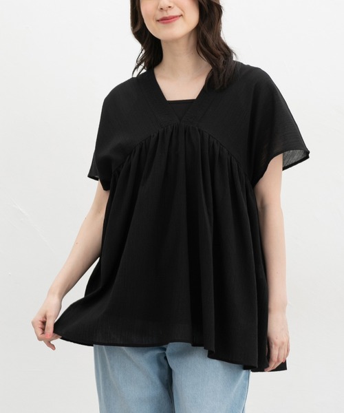 Honeys（ハニーズ）の「Ｖネックチュニック（シャツ/ブラウス・レディース・ブラック/ブラウン/グリーン/オフホワイト/ダークオレンジ・L/LL/M）」の2枚目の写真