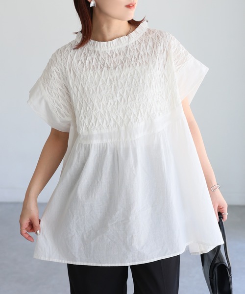 セール】インド綿スモッキング刺繍フレアブラウス（シャツ/ブラウス