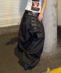 バックルデザインワイドデニムパンツ