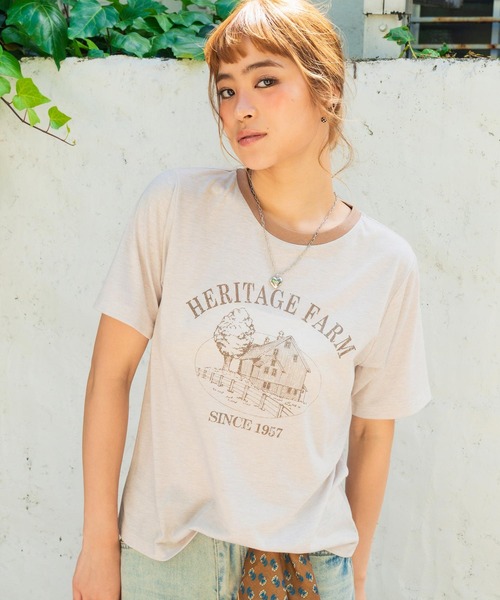 anap mimpi(アナップミンピ)の「ファーム プリント リンガー Tシャツ(Tシャツ/カットソー・レディース・オレンジ/ダークグレー/アイボリー・F)」の2枚目の写真