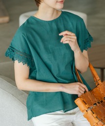 【C-FORTPOINT/フォートポイント】【通気性・吸水性に優れたスラブ素材】スラブ袖レースブラウス 綿100% クルーネック フレンチスリーブ 首元すっきり見え デイリーユース オフィス