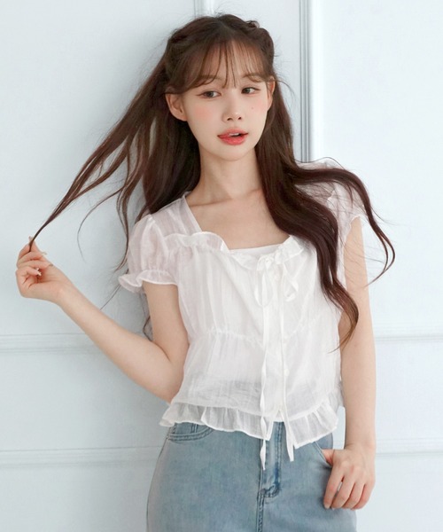 Sheer frill ribbon blouse — блузка с оборками, коллекция 2026 SS