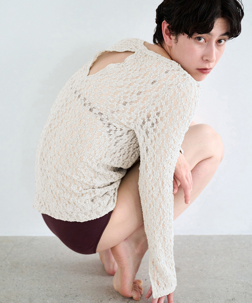 EMILY WEEK(エミリーウィーク)の「オーガニックコットン混 シュリンクレースプルオーバー(Tシャツ/カットソー・レディース・アイボリー/グリーン・FREE)」の3枚目の写真