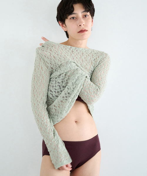 EMILY WEEK(エミリーウィーク)の「オーガニックコットン混 シュリンクレースプルオーバー(Tシャツ/カットソー・レディース・アイボリー/グリーン・FREE)」の5枚目の写真