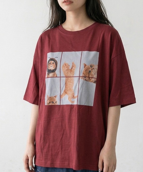 CRB(シーアールビー)の「パネル転写キャットビッグTシャツ(Tシャツ/カットソー・レディース・レッド/チャコール/オフホワイト・F)」の1枚目の写真
