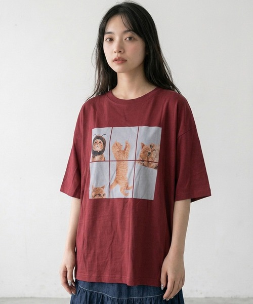 CRB(シーアールビー)の「パネル転写キャットビッグTシャツ(Tシャツ/カットソー・レディース・レッド/チャコール/オフホワイト・F)」の4枚目の写真