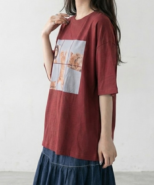CRB(シーアールビー)の「パネル転写キャットビッグTシャツ(Tシャツ/カットソー・レディース・レッド/チャコール/オフホワイト・F)」の5枚目の写真