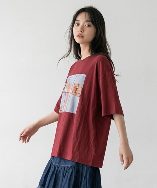 CRB(シーアールビー)の「パネル転写キャットビッグTシャツ(Tシャツ/カットソー・レディース・レッド/チャコール/オフホワイト・F)」の6枚目の写真