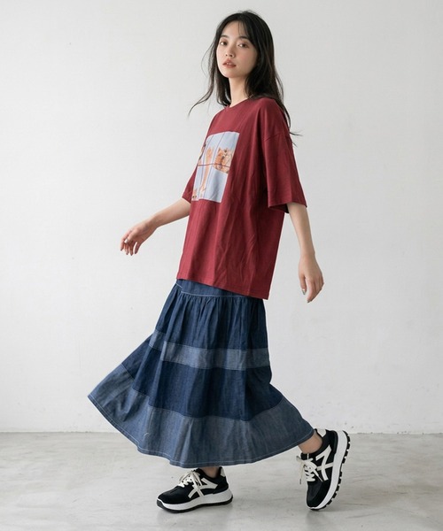 CRB(シーアールビー)の「パネル転写キャットビッグTシャツ(Tシャツ/カットソー・レディース・レッド/チャコール/オフホワイト・F)」の7枚目の写真