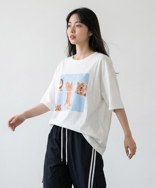 CRB(シーアールビー)の「パネル転写キャットビッグTシャツ(Tシャツ/カットソー・レディース・レッド/チャコール/オフホワイト・F)」の12枚目の写真