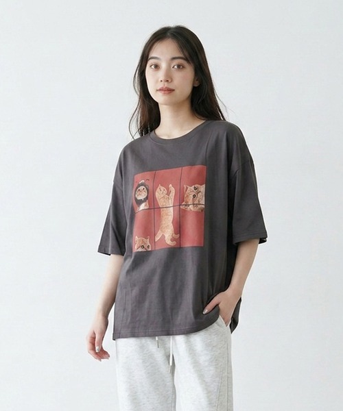 CRB(シーアールビー)の「パネル転写キャットビッグTシャツ(Tシャツ/カットソー・レディース・レッド/チャコール/オフホワイト・F)」の8枚目の写真