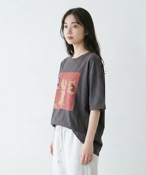 CRB(シーアールビー)の「パネル転写キャットビッグTシャツ(Tシャツ/カットソー・レディース・レッド/チャコール/オフホワイト・F)」の9枚目の写真