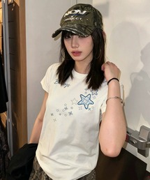 星柄パッチワーク ギンガムチェック刺繍 半袖Tシャツ