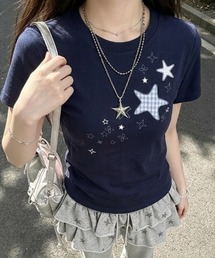 星柄パッチワーク ギンガムチェック刺繍 半袖Tシャツ