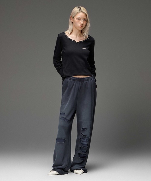 X-girl（エックスガール）の「STRING COLLAR L/S COMPACT TOP（Tシャツ/カットソー・レディース・ホワイト/ブラック・ONE SIZE）」の14枚目の写真