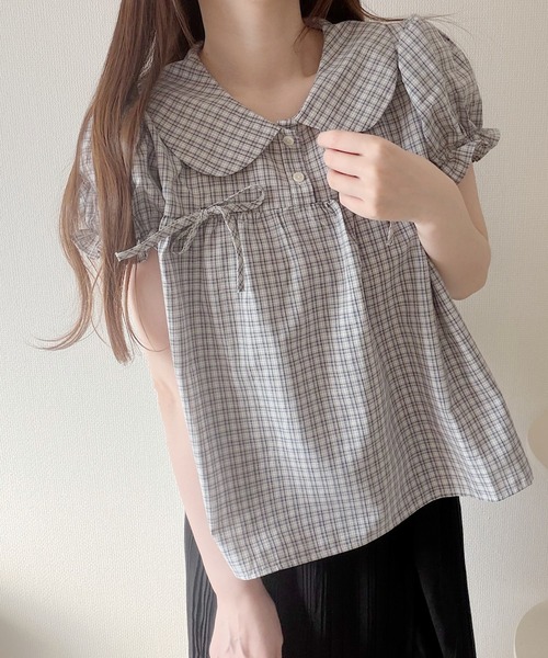 Nana(ナナ)の「ビッグカラーチェックリボンブラウス(シャツ/ブラウス・レディース・グレー/チャコールグレー/カーキ・FREE)」の12枚目の写真