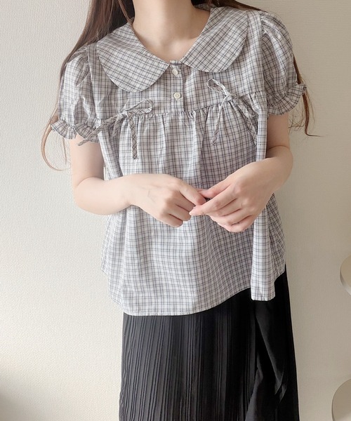 Nana(ナナ)の「ビッグカラーチェックリボンブラウス(シャツ/ブラウス・レディース・グレー/チャコールグレー/カーキ・FREE)」の13枚目の写真